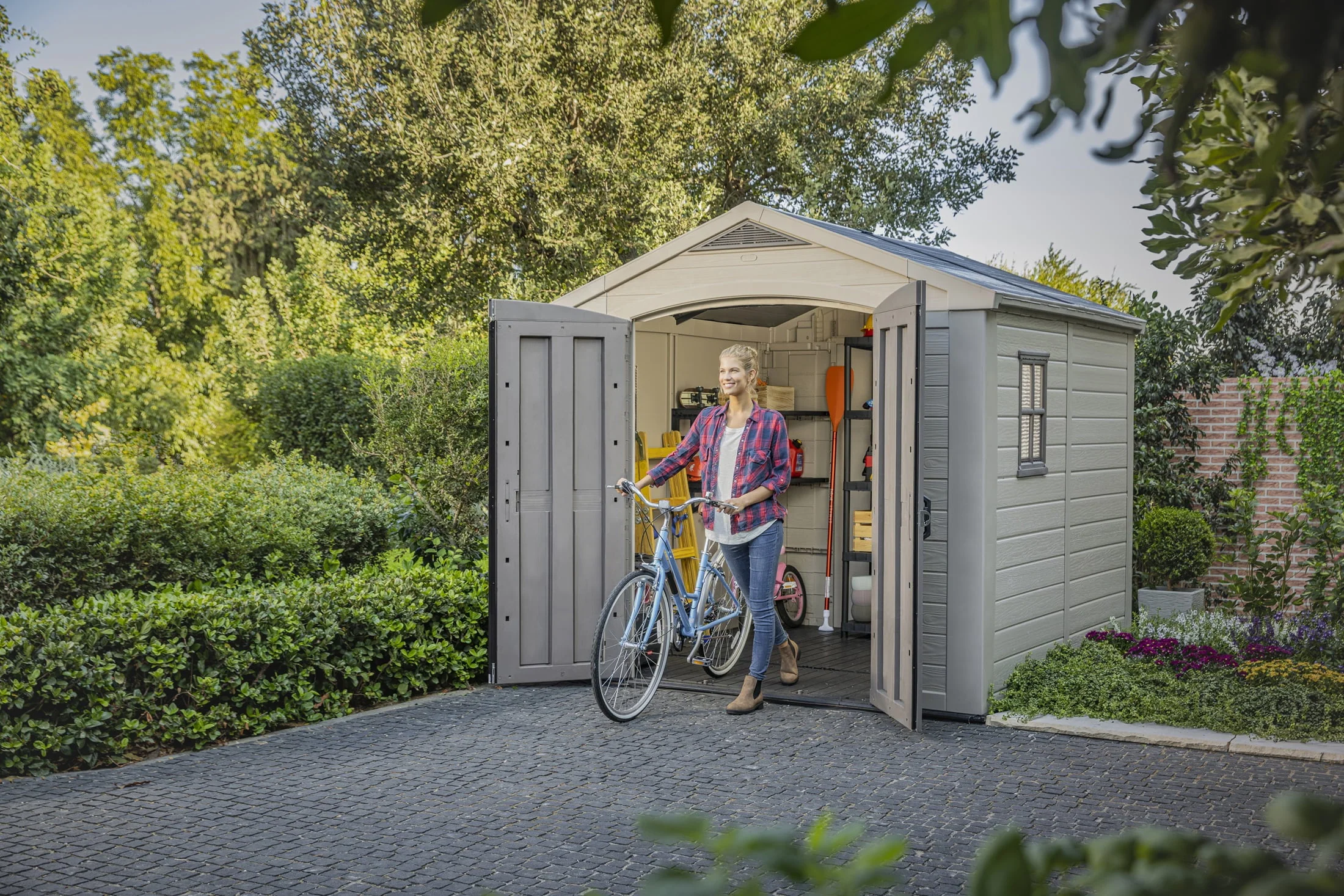 Keter Factor 8 x 11 Foot All Weather Resin Outdoor Storage Shed, Taupe - Image 28