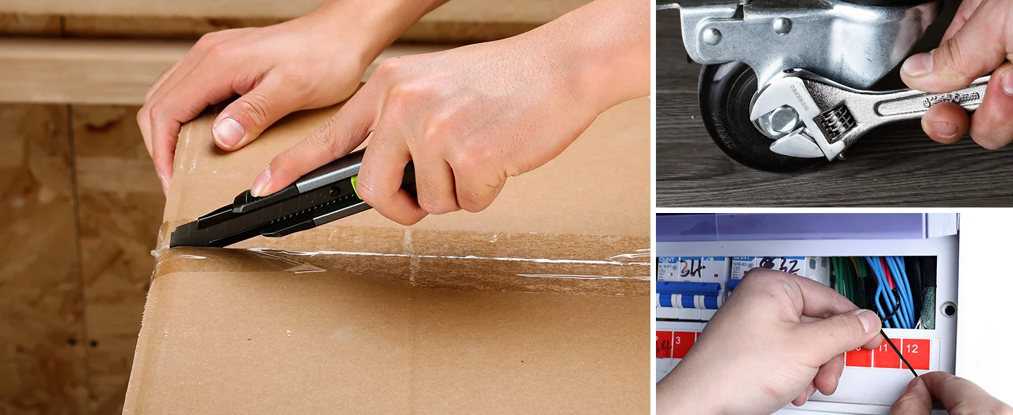 Hands using a box cutter and wrench, and wiring inside a cabinet, showing innovation and quality in repair work
