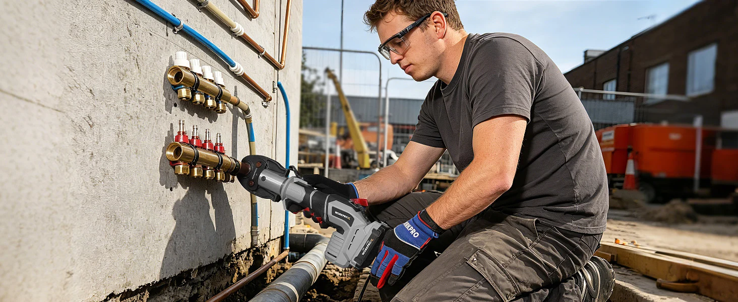 Worker kneels outdoors using a handheld tool on a copper pipe panel, showing innovation and quality in secure work