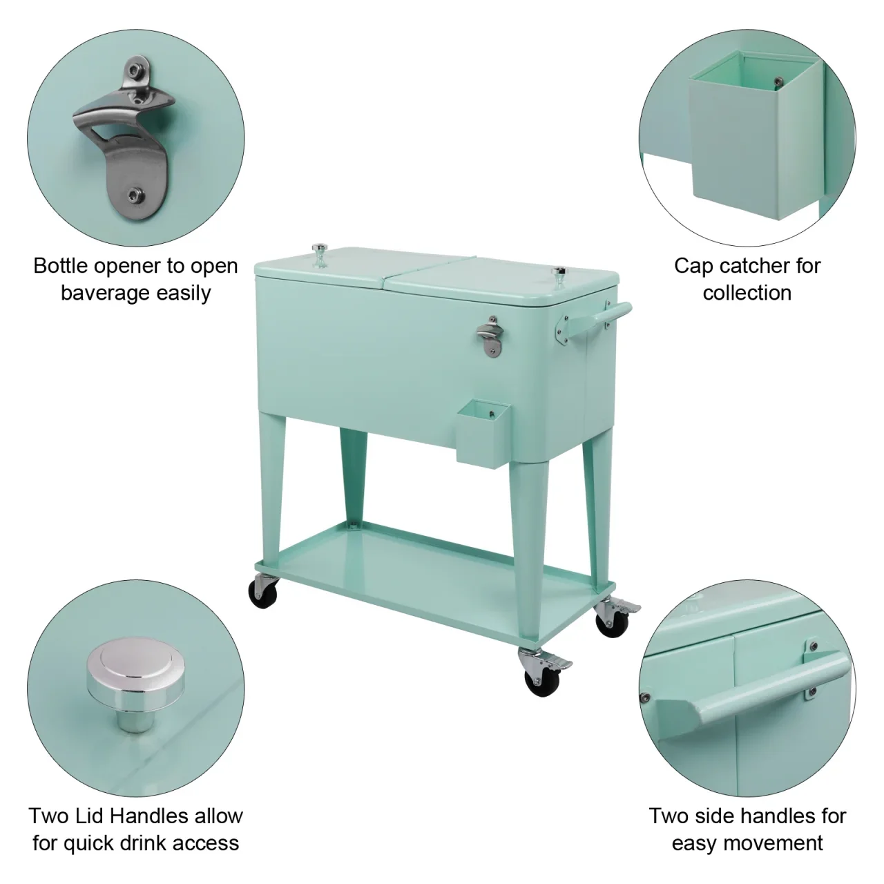 80Qt All-In-One Cooler Cart With Bottle Opener, Lower Storage Shelf and Cap Catcher, Outdoor Party Rolling Cooler With Lockable Wheels For Pool Side, Patio, Balcony, Mint(33.07 x 15.16 x 35.83)" - Image 2