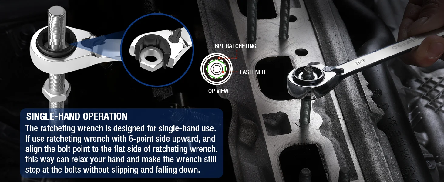 Ratchet wrench on a metal panel with a top view inset showing a fastener, highlighting innovation and quality