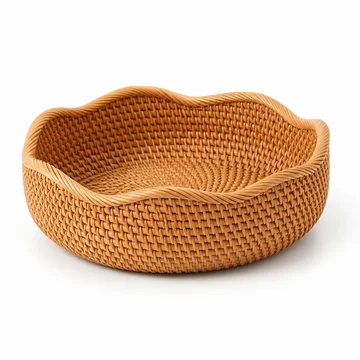 Hand-Woven Natural Rattan Scalloped Wavy Rim Fruit Basket (Stackable)