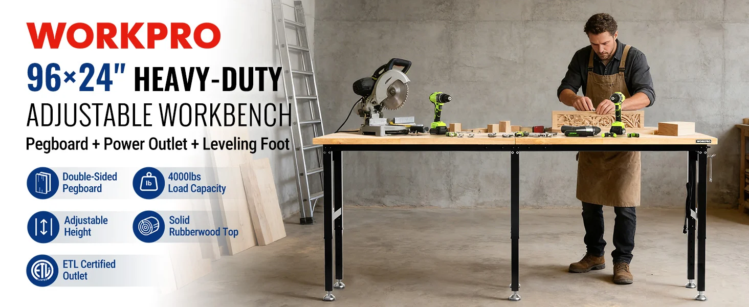 Workshop workbench with tools and a carpenter drilling wood, showing innovation and quality in a concrete shop