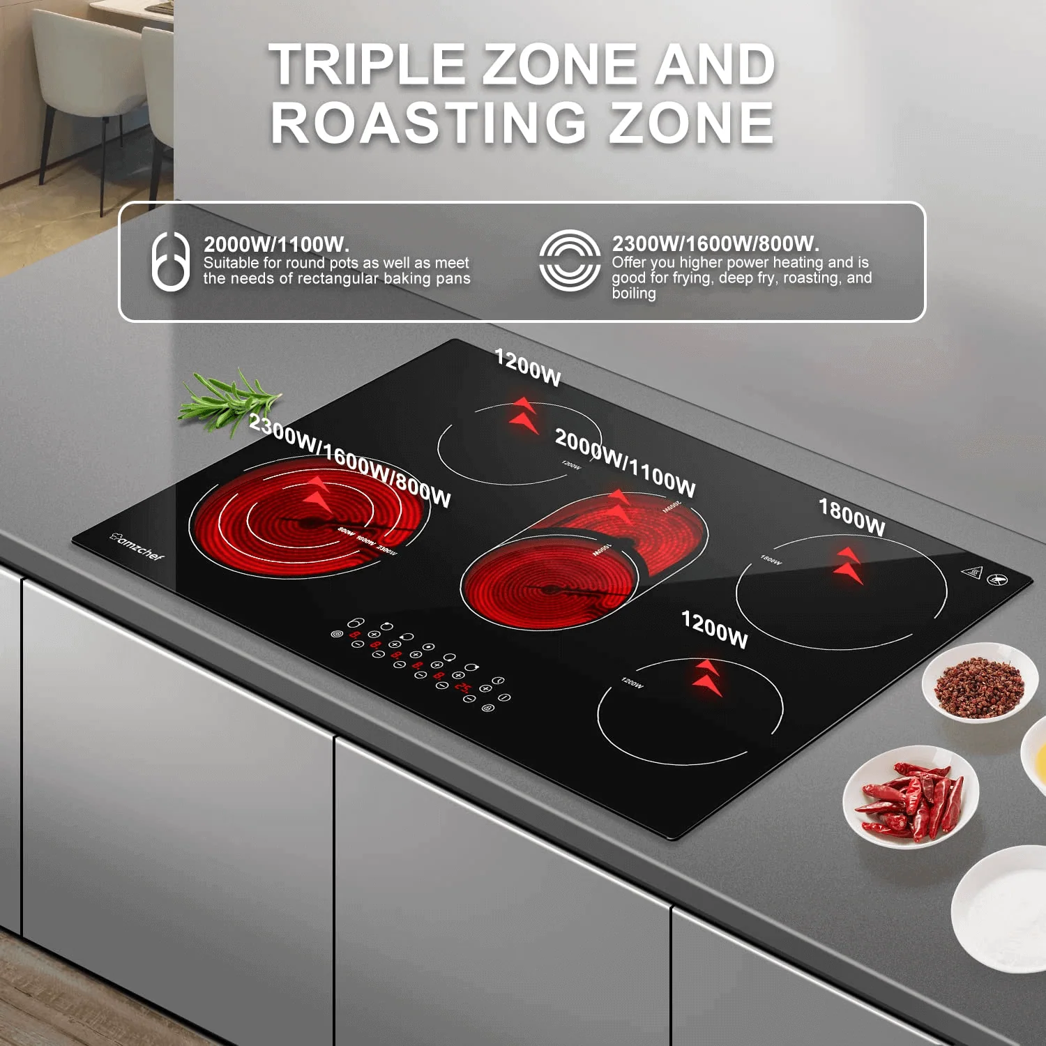 AMZCHEF Built-in Induction Stove With 5 Burners Triple and Toasting Zone CF8505 4
