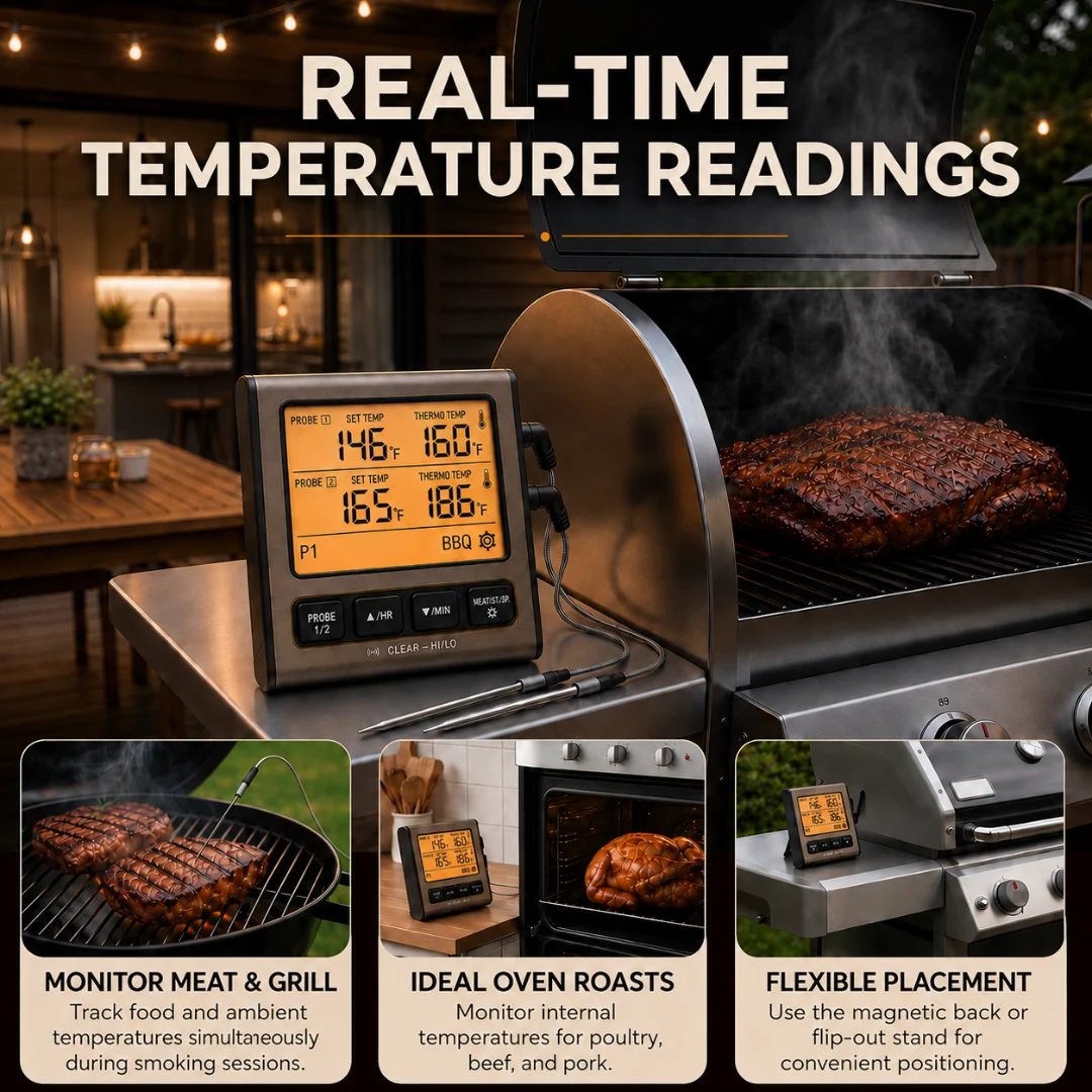 Dual Probe Digital BBQ Meat Thermometer with LCD Timer Display