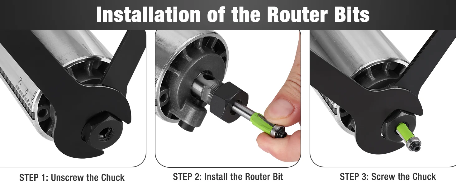 Router bit installation steps with a hand tool chuck, showing steps 1 to 3 and a green router bit