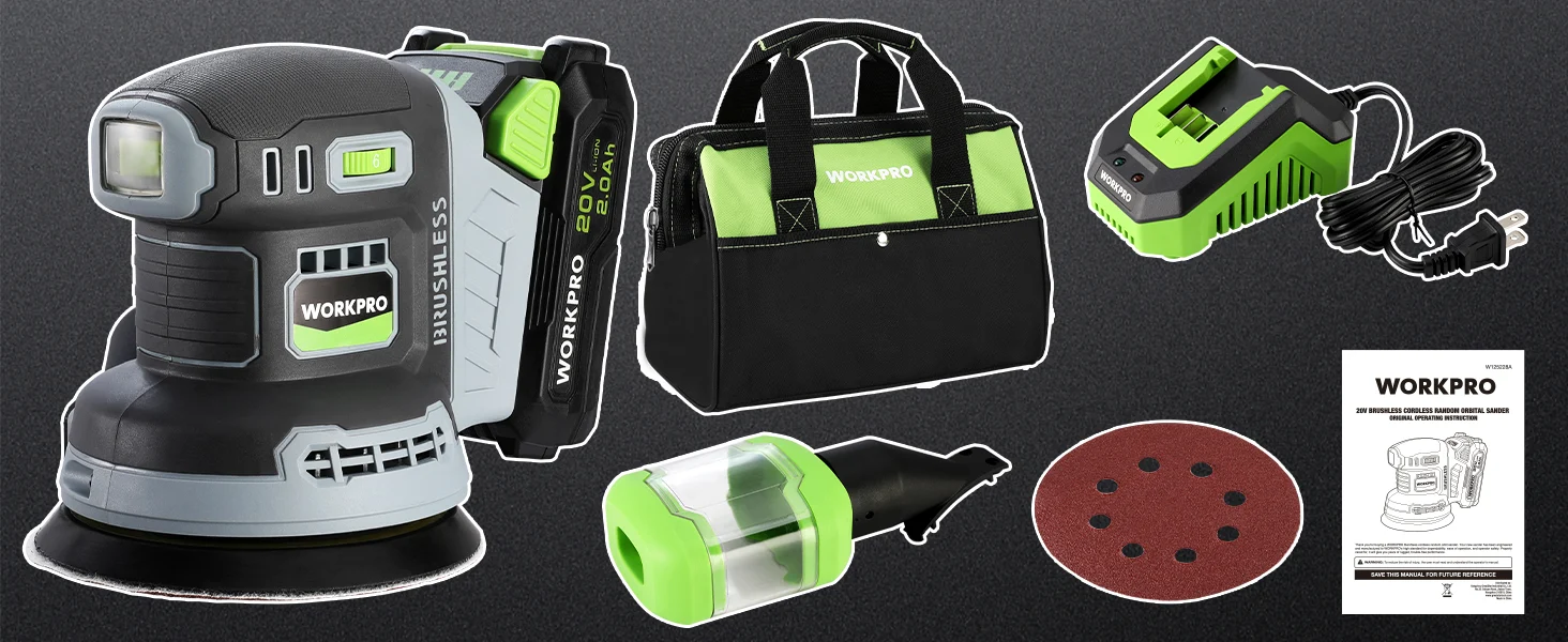 Power tool and accessories set with innovation and quality, including a green sander, sanding discs, and manual