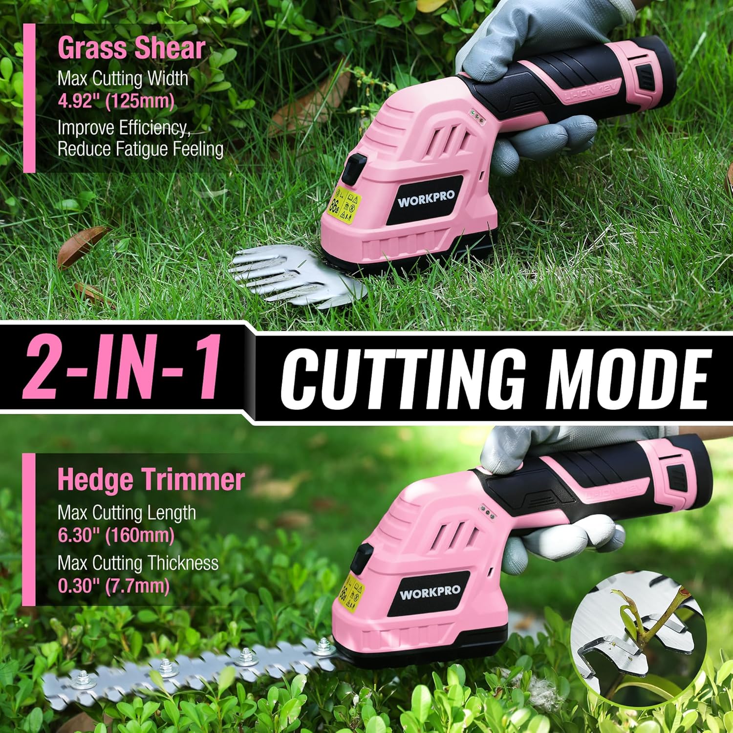 WORKPRO 12V Cordless 2 in 1 Handheld Cordless Grass Shear & Shrubbery Trimmer with 2.0Ah Rechargeable Lithium-Ion Battery &1 Hour Fast Charger - Pink Ribbon - Image 2