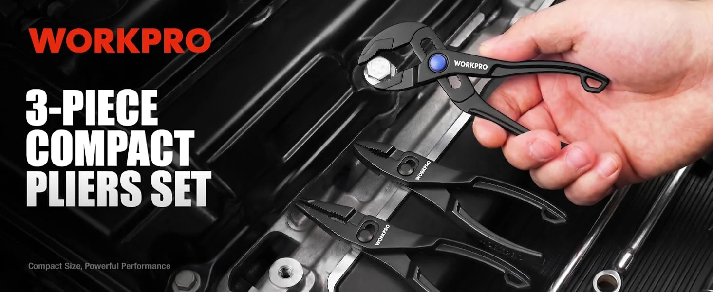 Hand holding a Workpro multi tool pliers set in a black case, with innovation and quality visible on packaging