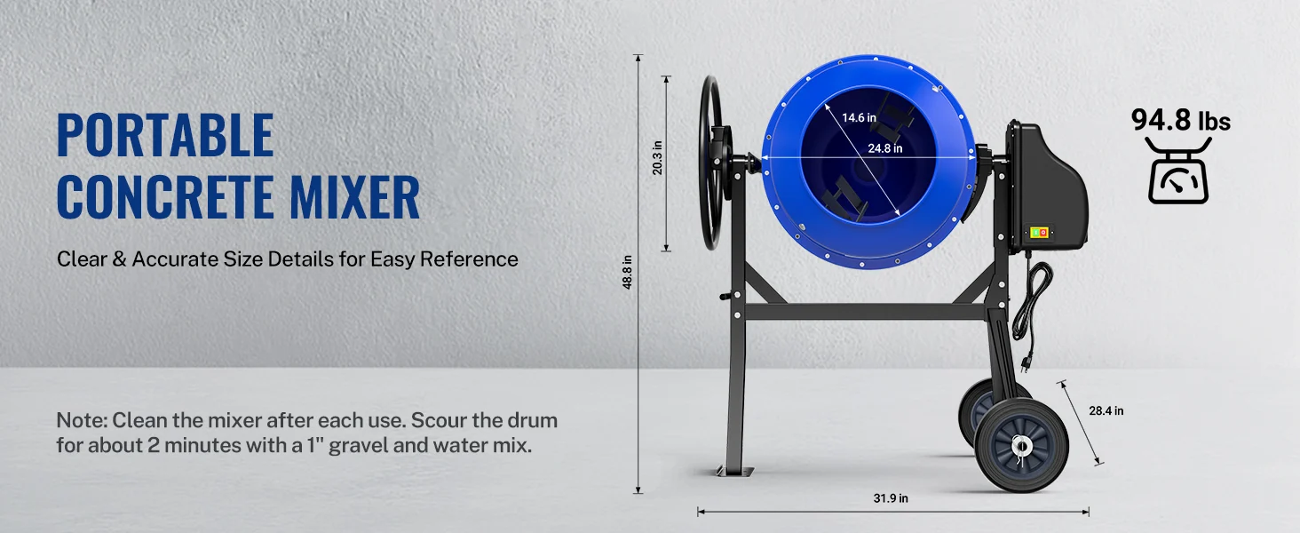 Portable concrete mixer with blue drum, size measurements, and wheel base on a light background
