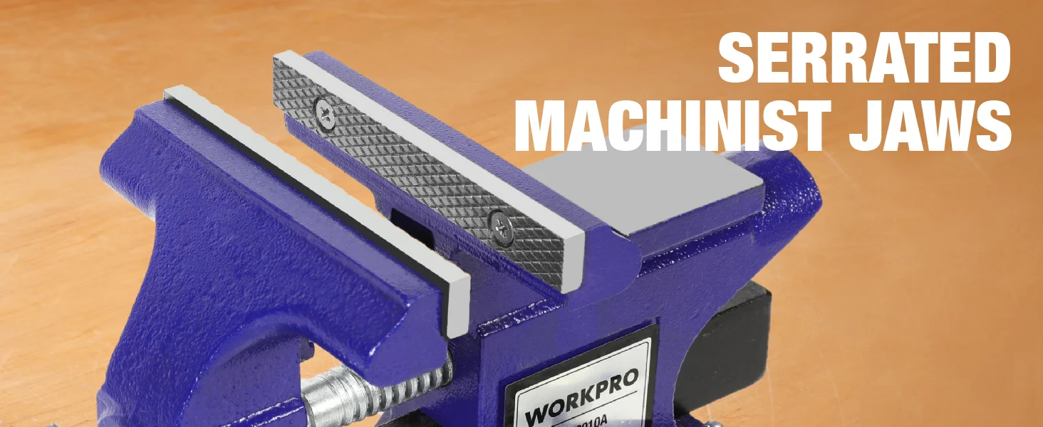 Blue metal bench vise with serrated jaws, showing innovation and quality for secure, durable gripping