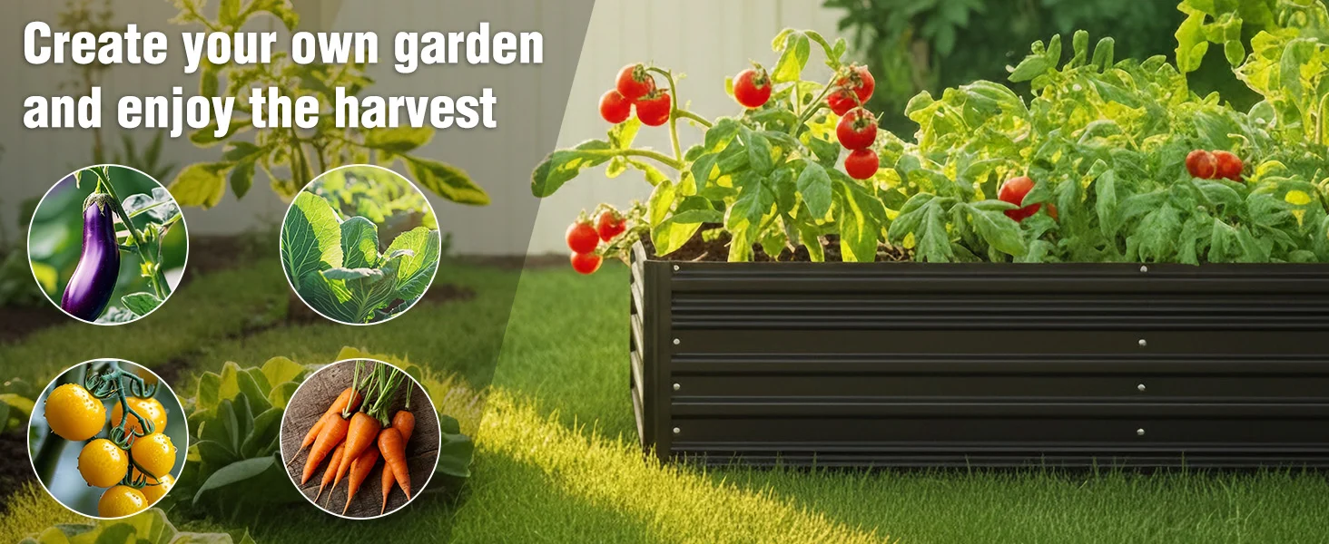 Garden beds with green tomato and leafy plants, plus inset vegetables, with innovation and quality shown in a banner