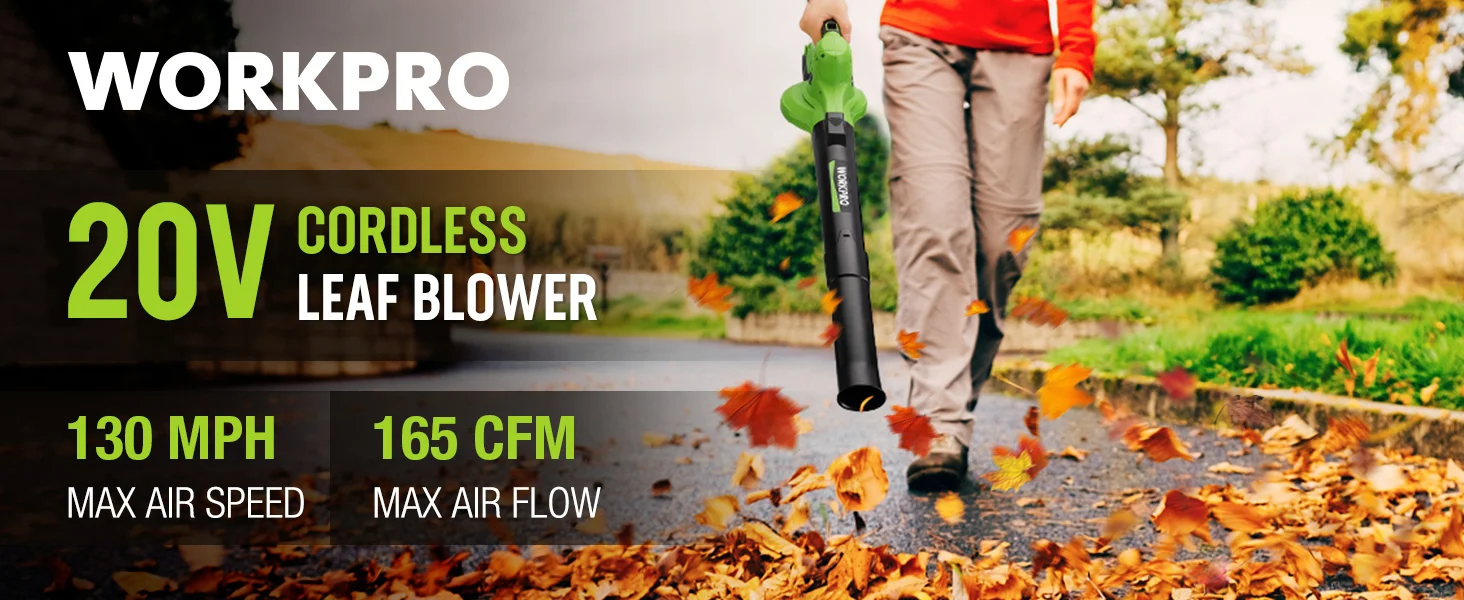 Cordless leaf blower in a yard with fallen autumn leaves, with innovation and quality shown in the text