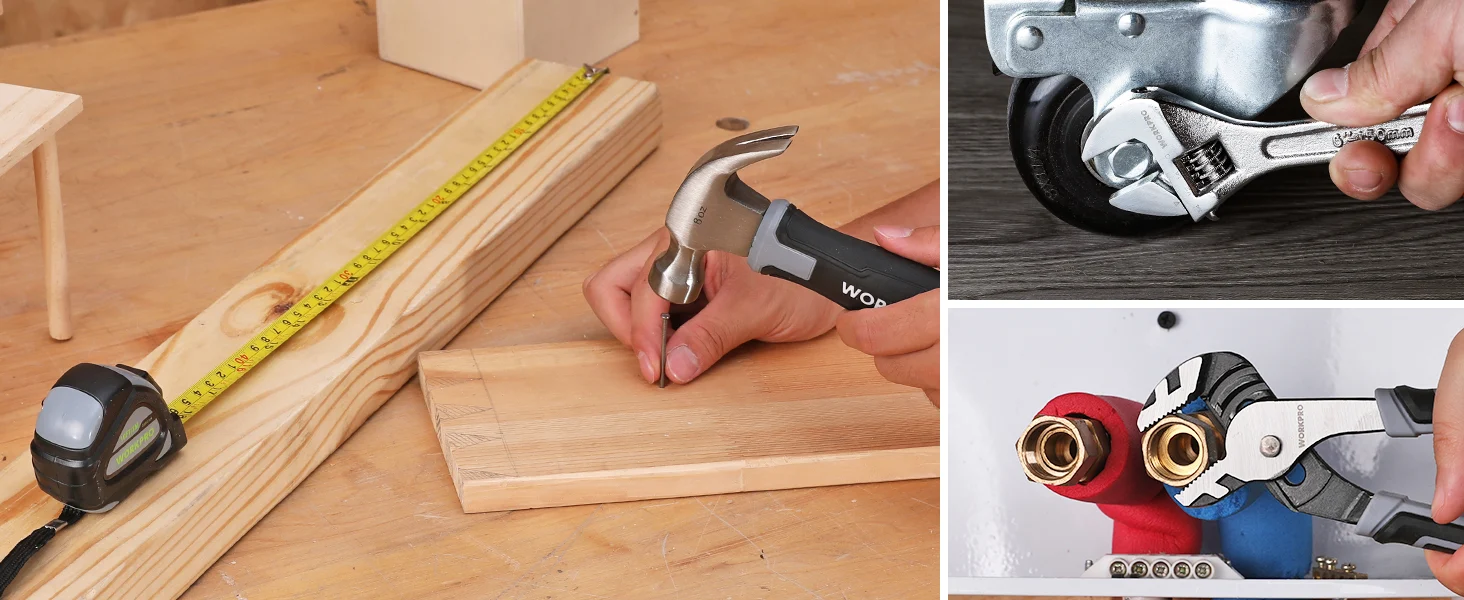 Hand tools and measuring tape on wood, showing innovation and quality with durable, secure, convenient repairs