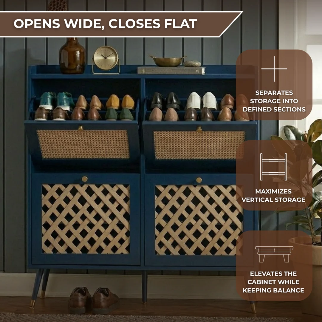 Four Flip-Front Drawer Shoe Cabinet with Adjustable Storage Shelves