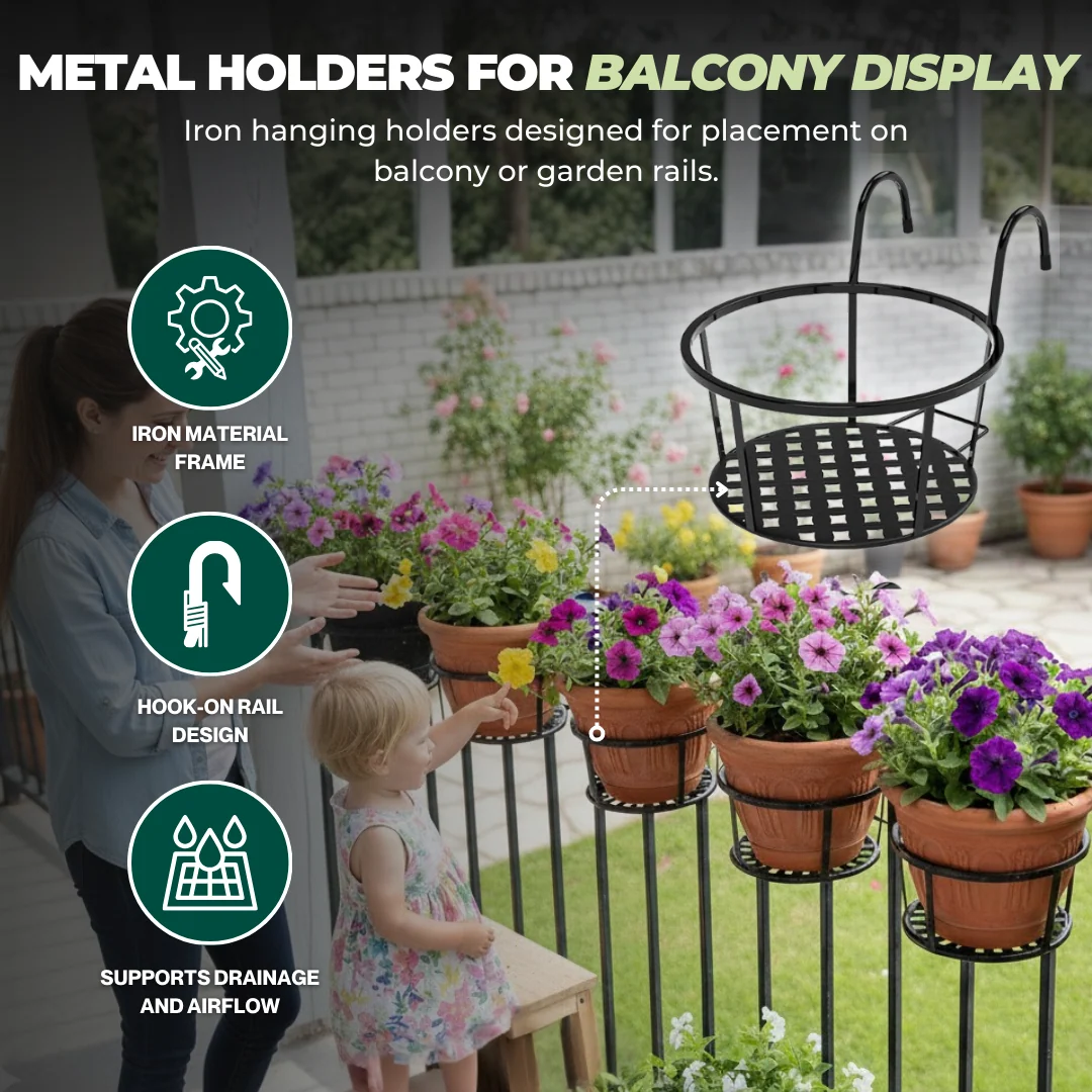 6-Pack Metal Hanging Flower Pot Holders for Balcony and Fence Rails