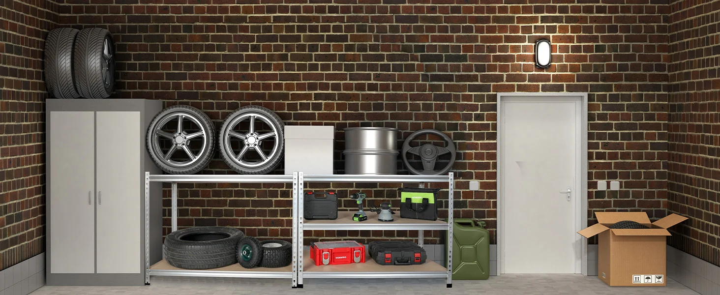 Garage storage shelves with car tires, tools, and boxes against a brick wall, showing innovation and quality