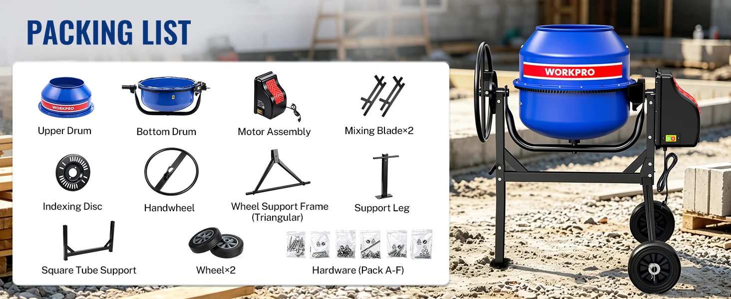 Concrete mixing machine with packing list panel showing parts, innovation and quality for secure, durable assembly