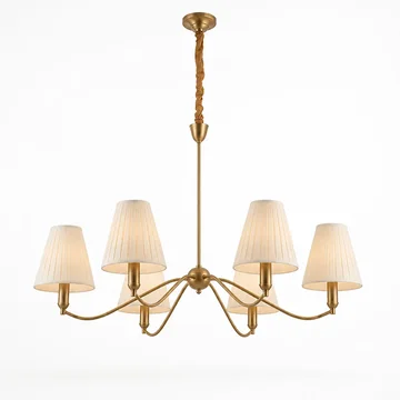 Brass Curved-Arm Chandelier With Pleated Fabric Shades (6- or 8-Head)