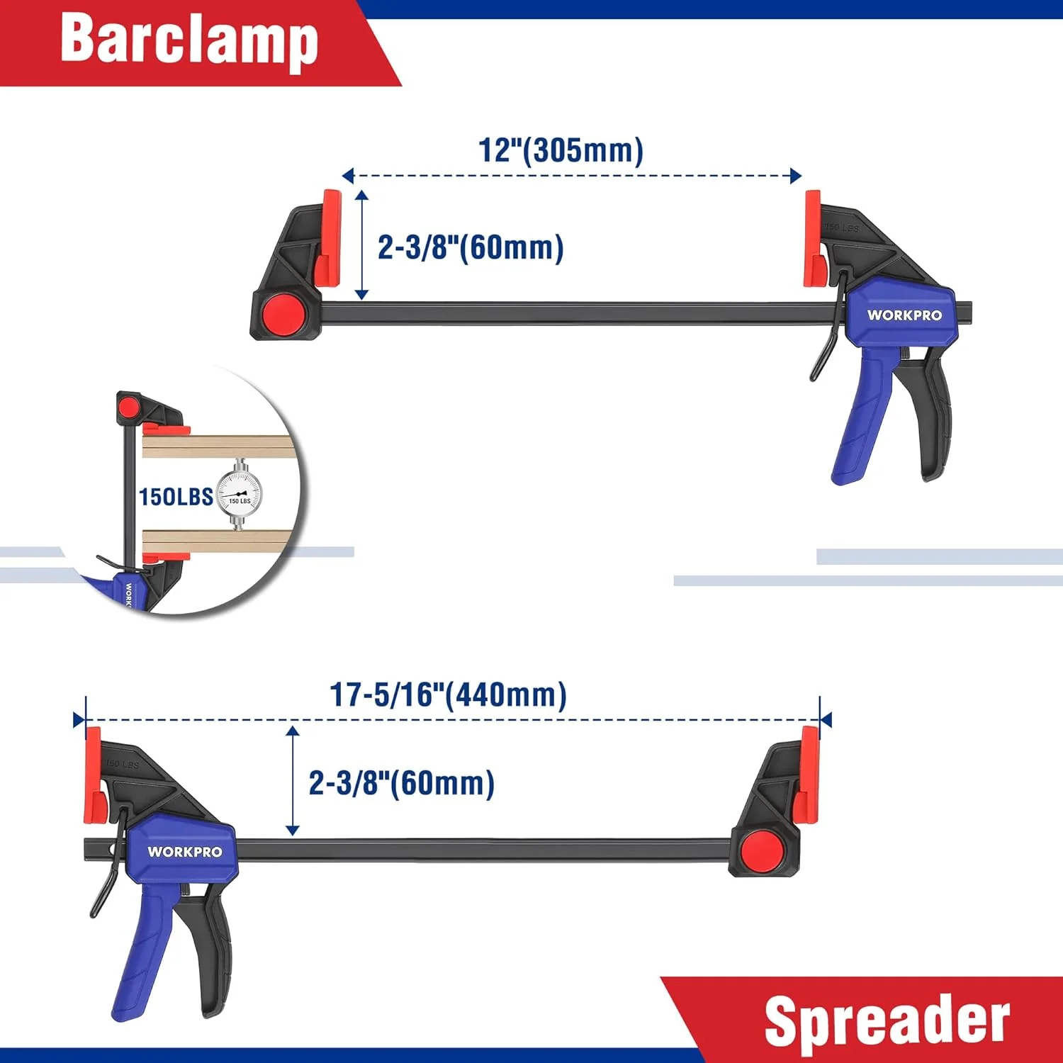 WORKPRO 10-Pack Clamps for Woodworking, 12" & 6" Bar Clamps, 2 Quick-Release Ratcheting Wood Clamps and 4 Spring Clamps, Light Duty F Clamps/Spreader 150 LBS Load Limit - Image 2
