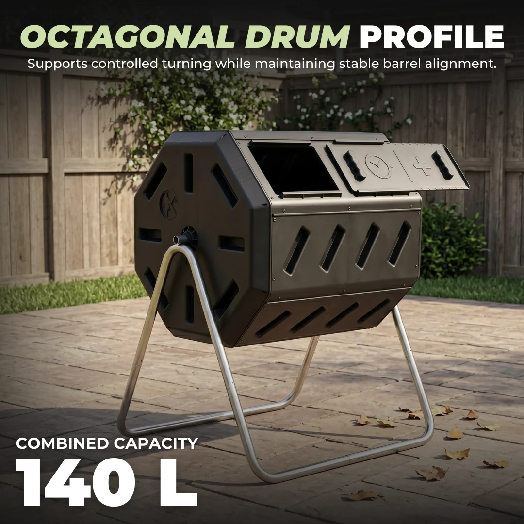 Octagonal Compost Bin 140 L Dual Chamber Rotating Steel Frame Unit