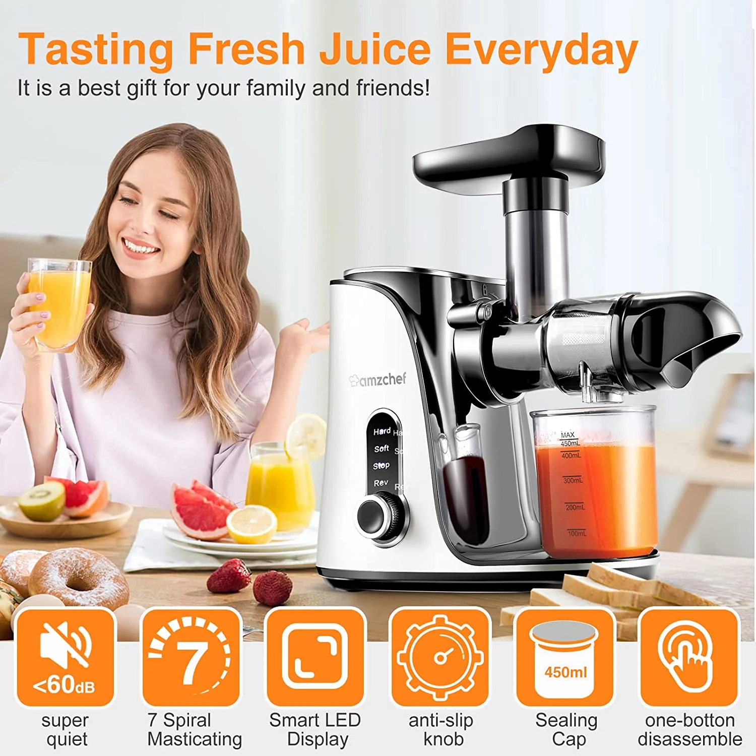 AMZCHEF Slow Juicer with Two Speed Modes GM3001 White 4