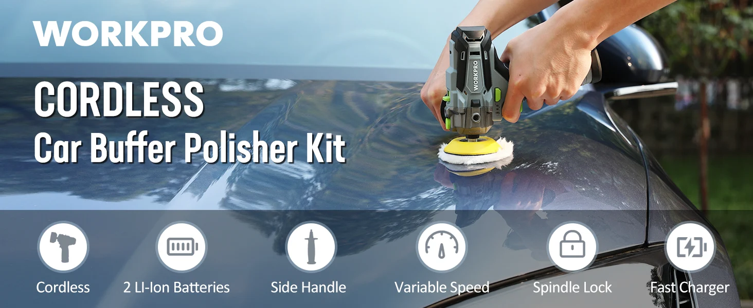 Cordless car buffer polisher kit with a hand holding the tool over a car hood, Workpro branding visible