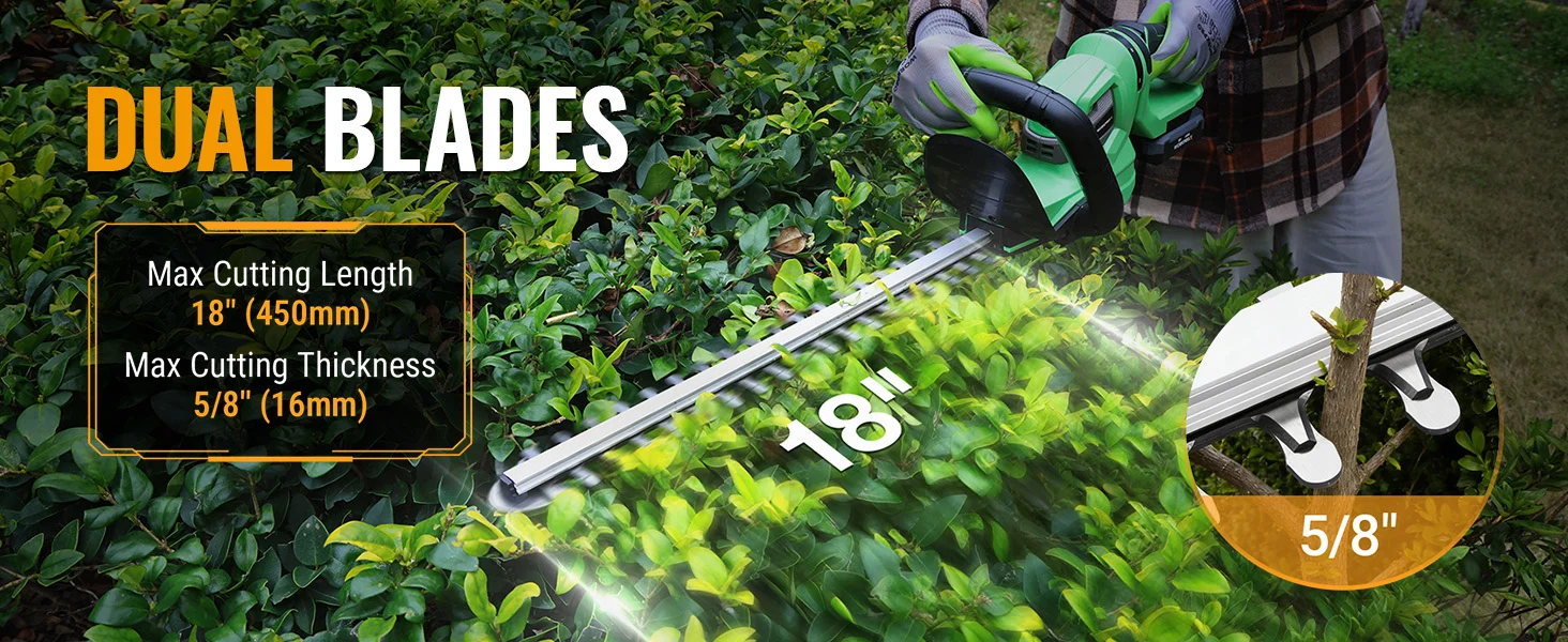 Electric hedge trimmer cutting green shrubs, with dual blades and max cutting thickness 5 8 inch
