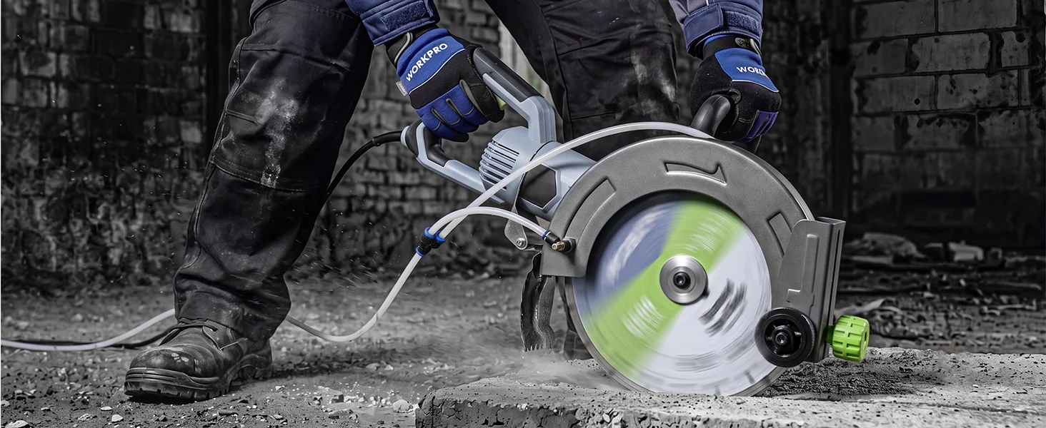 Electric angle grinder with blue work gloves cutting concrete, sparks flying, innovation and quality in action