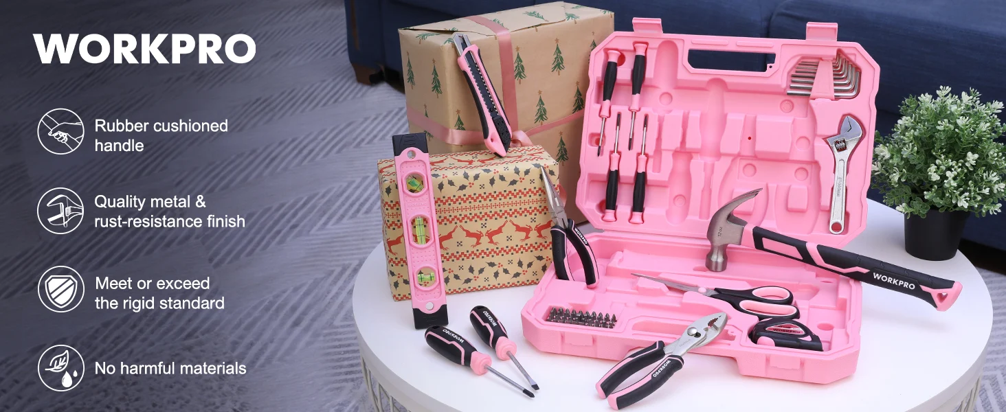 Tool kit with pink plastic case and metal wrenches, showing innovation and quality for convenient use