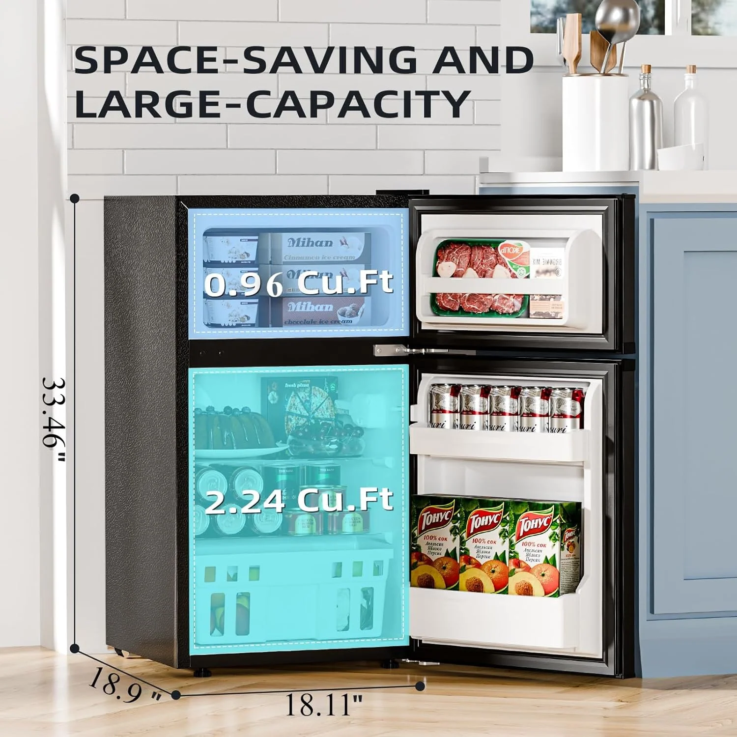 Kismile Mini Fridge 3.1Cu.Ft Compact Refrigerator 2-Doors Freezer - Image 6
