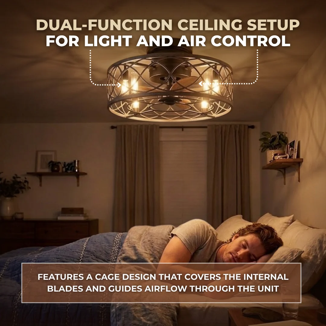 20-Inch Flush Mount Caged Ceiling Fan with Light and 6 Speed Remote