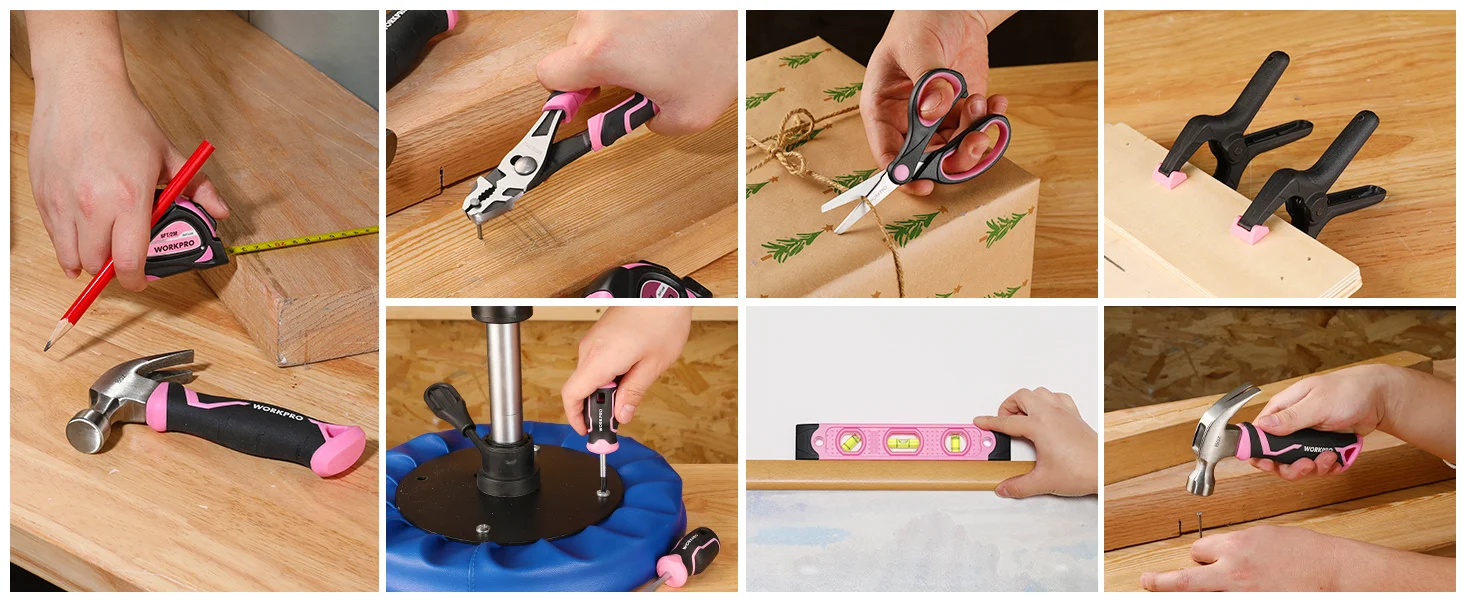 Hands using a pink and black tool kit on wooden boards, with measuring, cutting, and hammering steps
