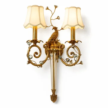 Crystal-Accented Antique Brass Dimmable Wall Sconce (Scalloped Fabric Shade)