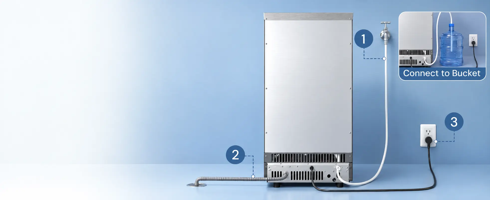 Commercial ice maker installation showing faucet or bucket connection, drain pipe and power cord