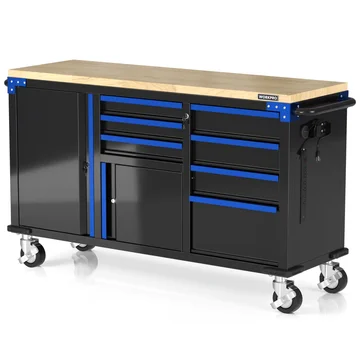 WORKPRO 62" x 20" 7-Drawer & 2-Door Rolling Tool Chest, Mobile Tool Storage Cabinet with Power Strip, Locking System, Heavy Duty Rolling Cabinet for Garage & Home, 1000 lbs Capacity, Blue & Black