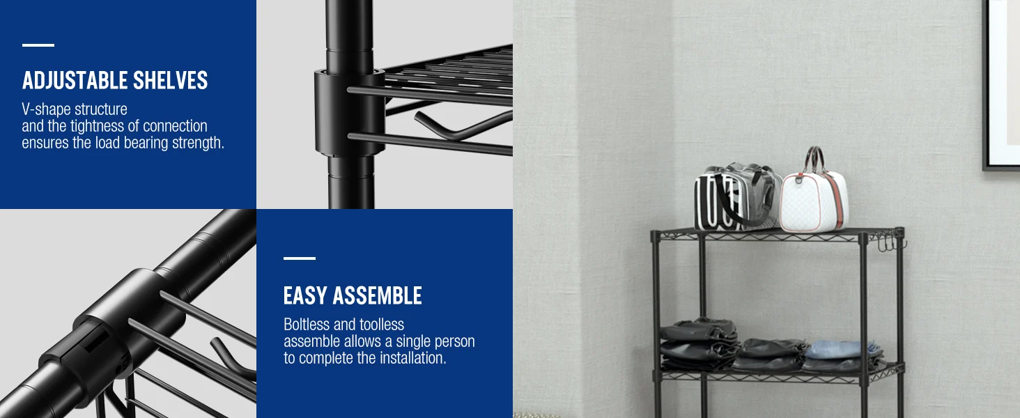 Black metal adjustable shelving unit with multiple tiers, holding folded bags against a light wall