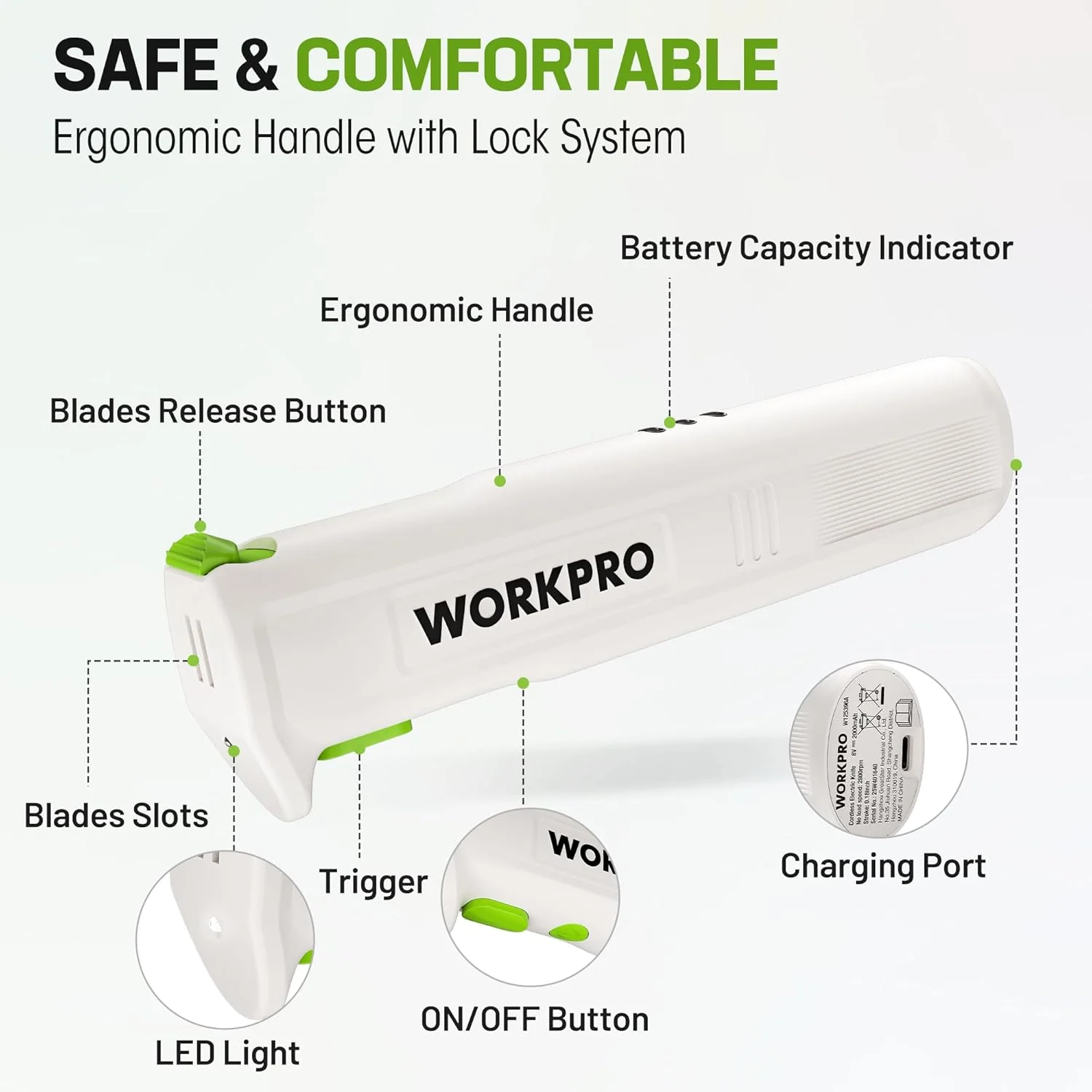 WORKPRO Electric Knife for Meat Slicing, Cordless Electric Carving Knife for Turkey, Fish & Bread, Two Stainless Steel Blades, Ergonomic Handle, Storage Case & Serving Fork Included, White - Image 7