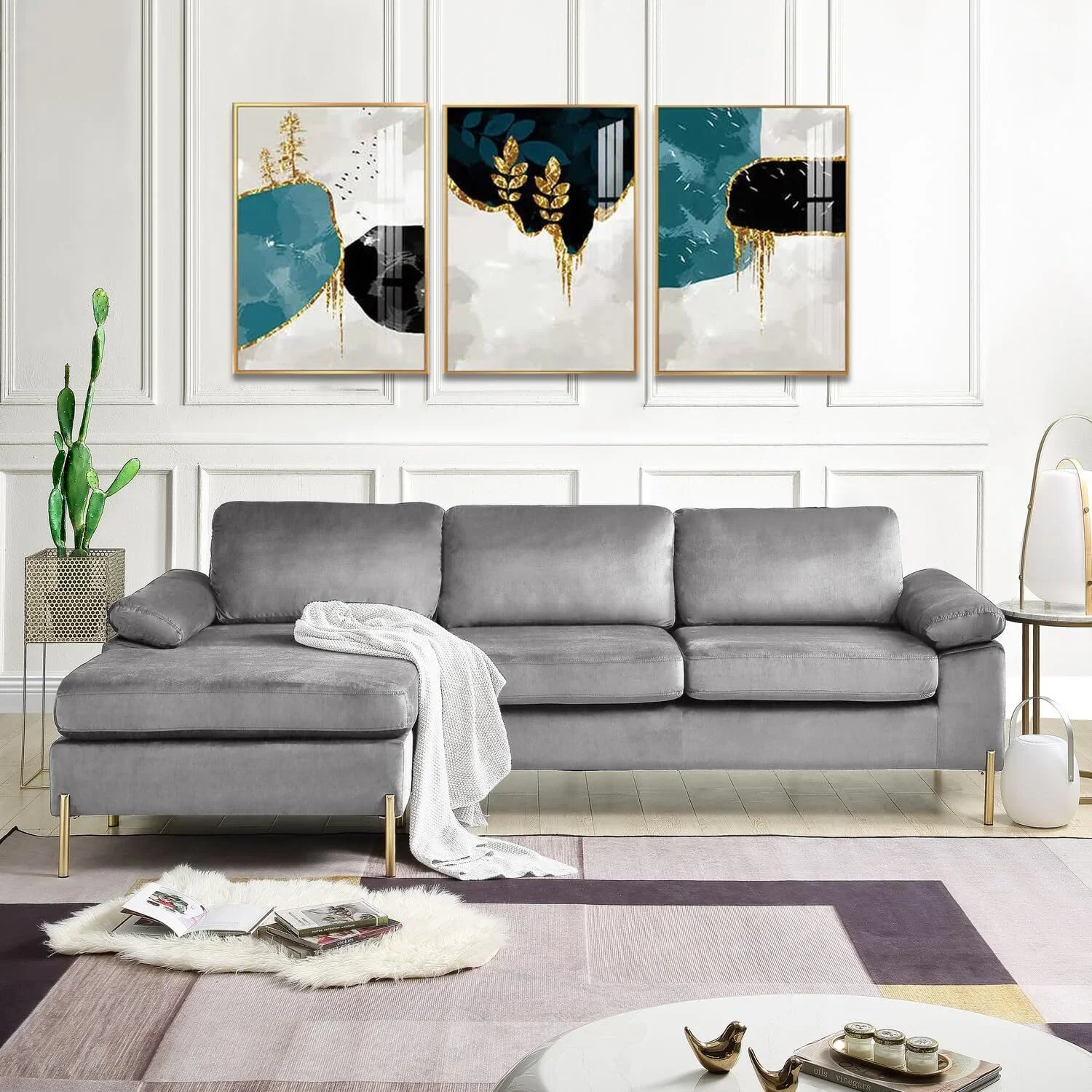 HomeStock Luxe Modern Velvet L-Shape Sectional Sofa with Square Padded Armrests, Solid Pattern Upholstery - 51.6"D x 101.2"W x 33.1"H, Comfortable and Stylish Seating for Living Room-Color:Gray/Gold - Image 2