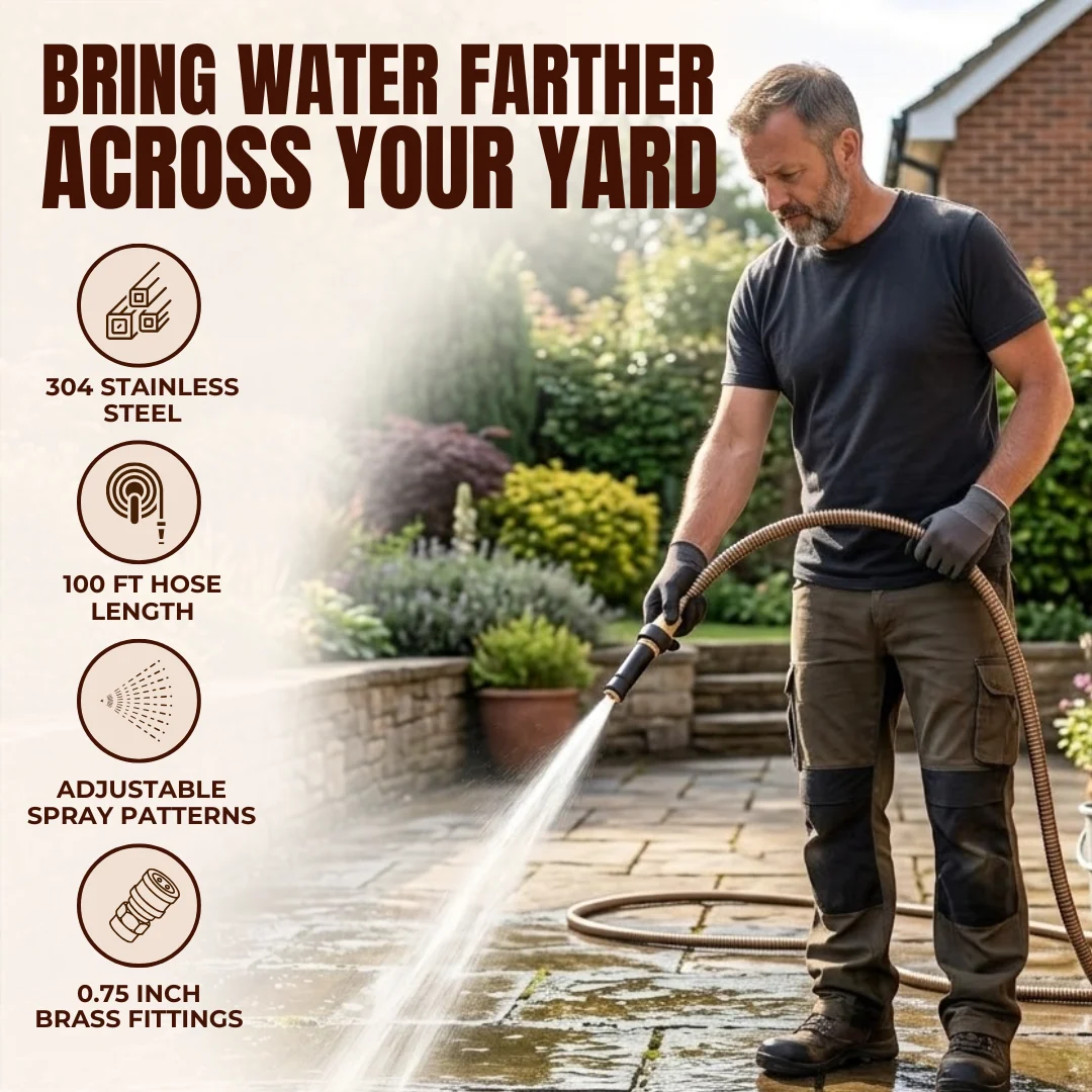 Stainless Steel Garden Hose 100 ft Metal Water Hose Brass Nozzle