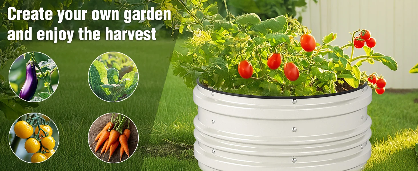White raised garden planter with fresh green tomato and leafy plants in a lawn setting, with innovation and quality