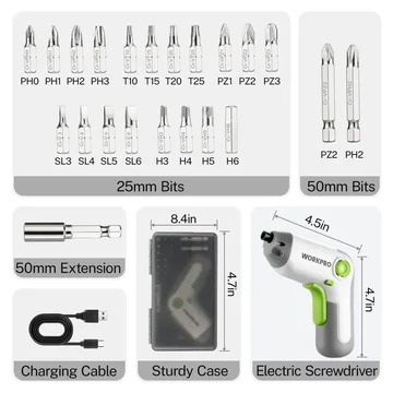 WORKPRO 3.6V White Cordless Screwdriver Set, Cordless & Rechargeable with Driver Bit Set and Sturdy Case，25PCS Drill/Driver Accessories