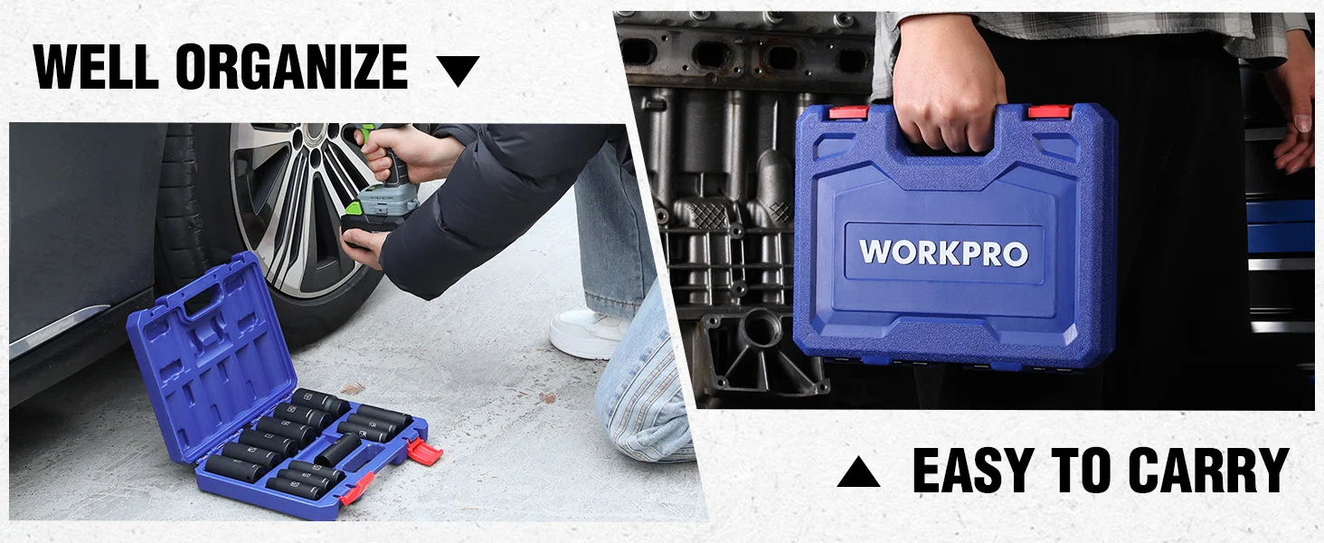 Tool kit case with blue sockets and a WORKPRO label, shown being carried and used near a car wheel
