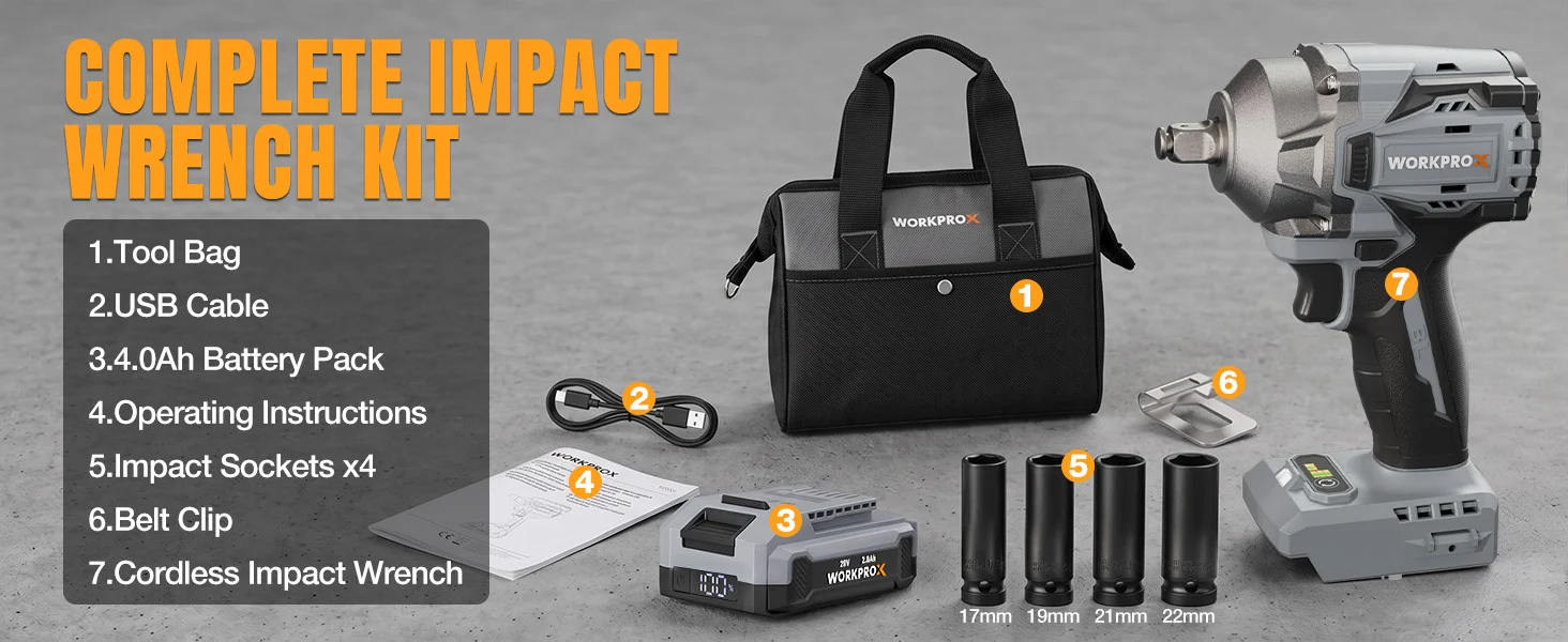 Cordless impact wrench kit with tool bag, USB cable, battery pack, and four impact sockets on a gray surface