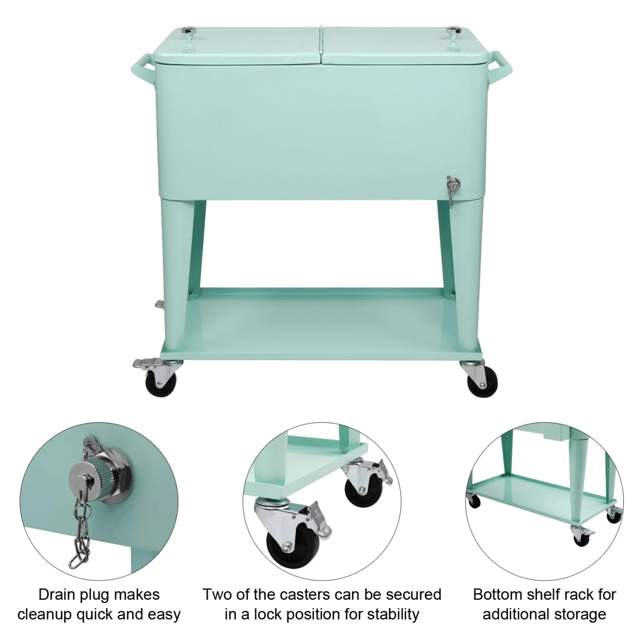 80Qt All-In-One Cooler Cart With Bottle Opener, Lower Storage Shelf and Cap Catcher, Outdoor Party Rolling Cooler With Lockable Wheels For Pool Side, Patio, Balcony, Mint(33.07 x 15.16 x 35.83)" - Image 6