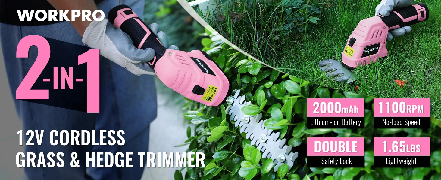 12V cordless grass and hedge trimmer with pink battery pack, cutting green shrubs in a yard