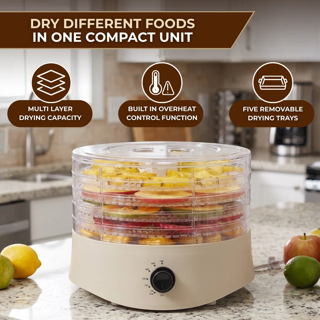 Compact Food Dehydrator Dryer 280W with Five Stackable Trays
