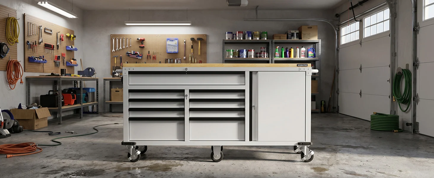 Workshop tool cabinet on wheels in a garage, with innovation in quality storage and durable metal drawers