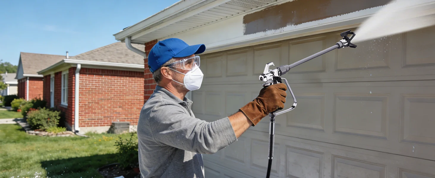 Worker in a face mask and gloves uses a paint sprayer on a white garage door, innovation and quality in action