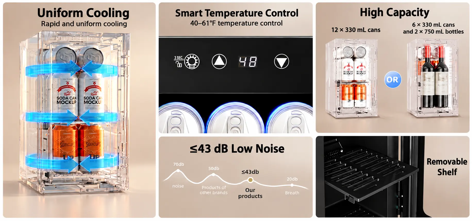 Kismile WC5810 mini beverage refrigerator features, including cooling airflow, temperature controls, drink capacity, noise comparison, and a removable shelf